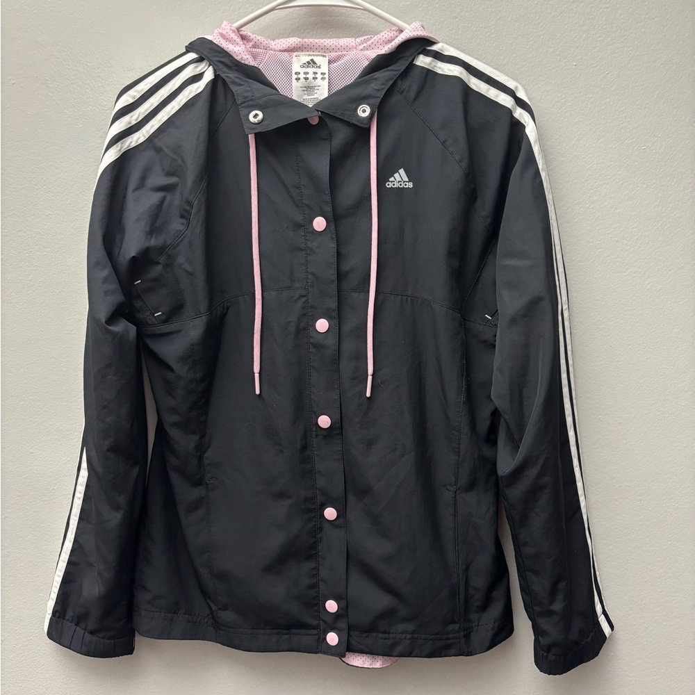 Adidas Windbreaker Black Jacket with Pink and White Details Size Small